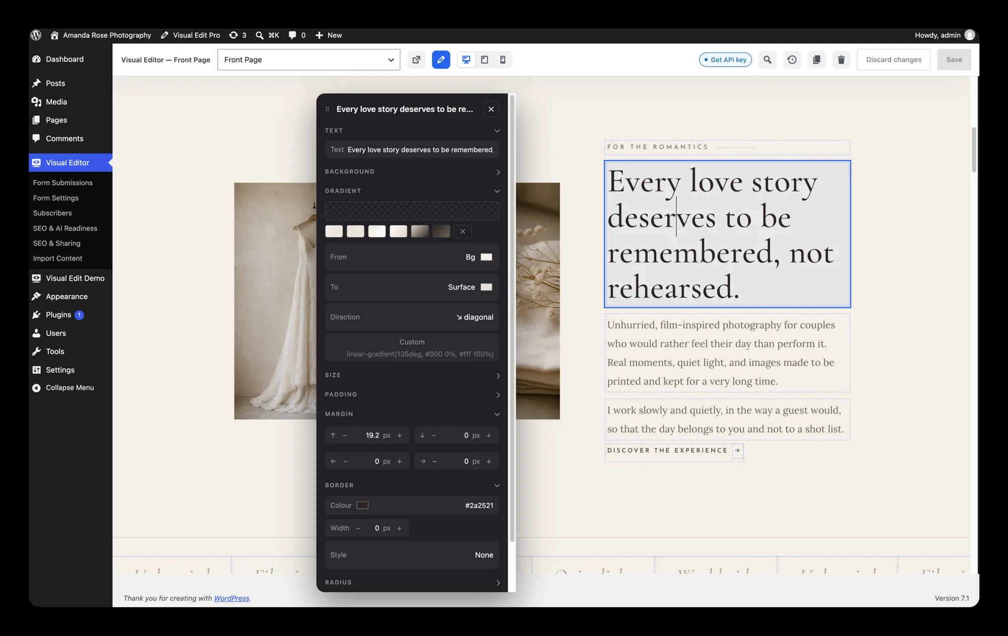 Edit mode of the website editor on a converted WordPress site: every editable element is outlined and the image panel is open on a portrait