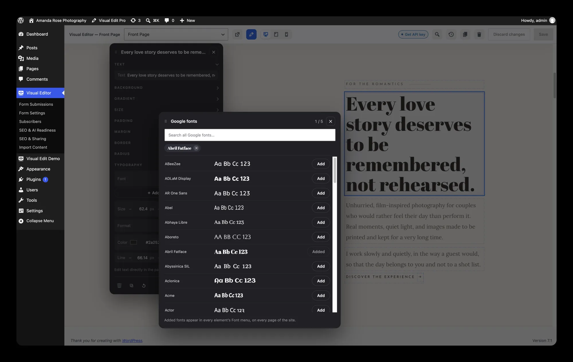 The main headline selected, with the font panel open on font, size, weight, colour and letter spacing