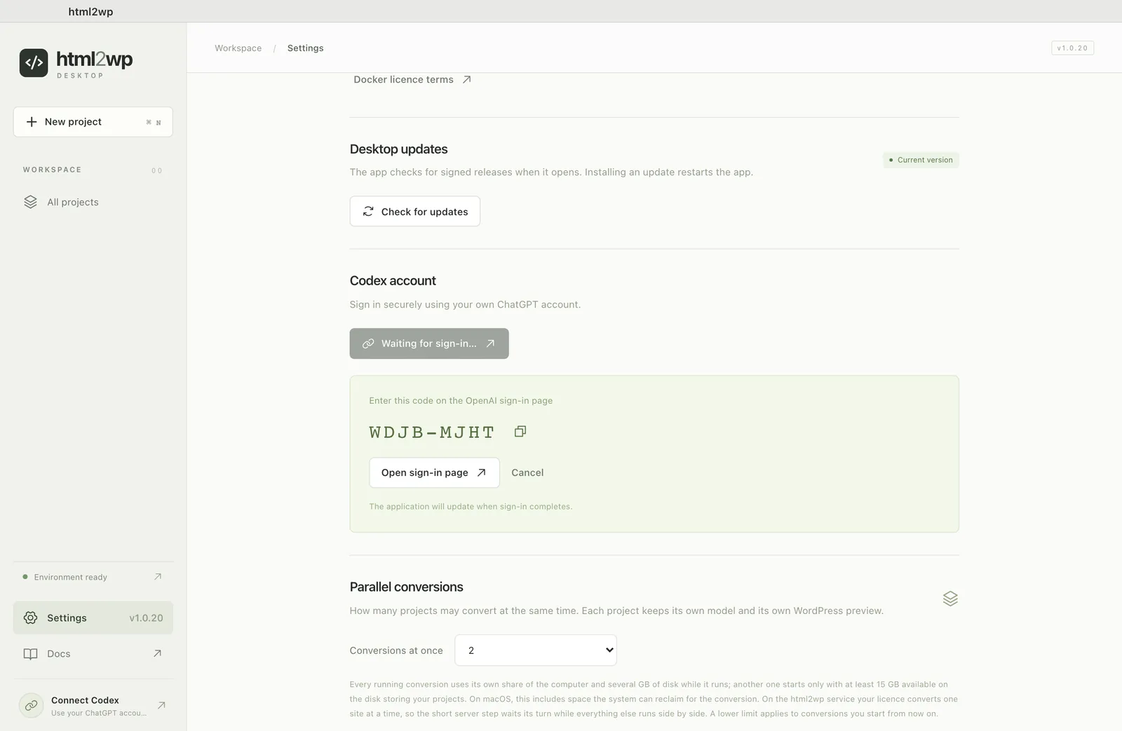 Signing the html2wp app in to ChatGPT with a code on the OpenAI page
