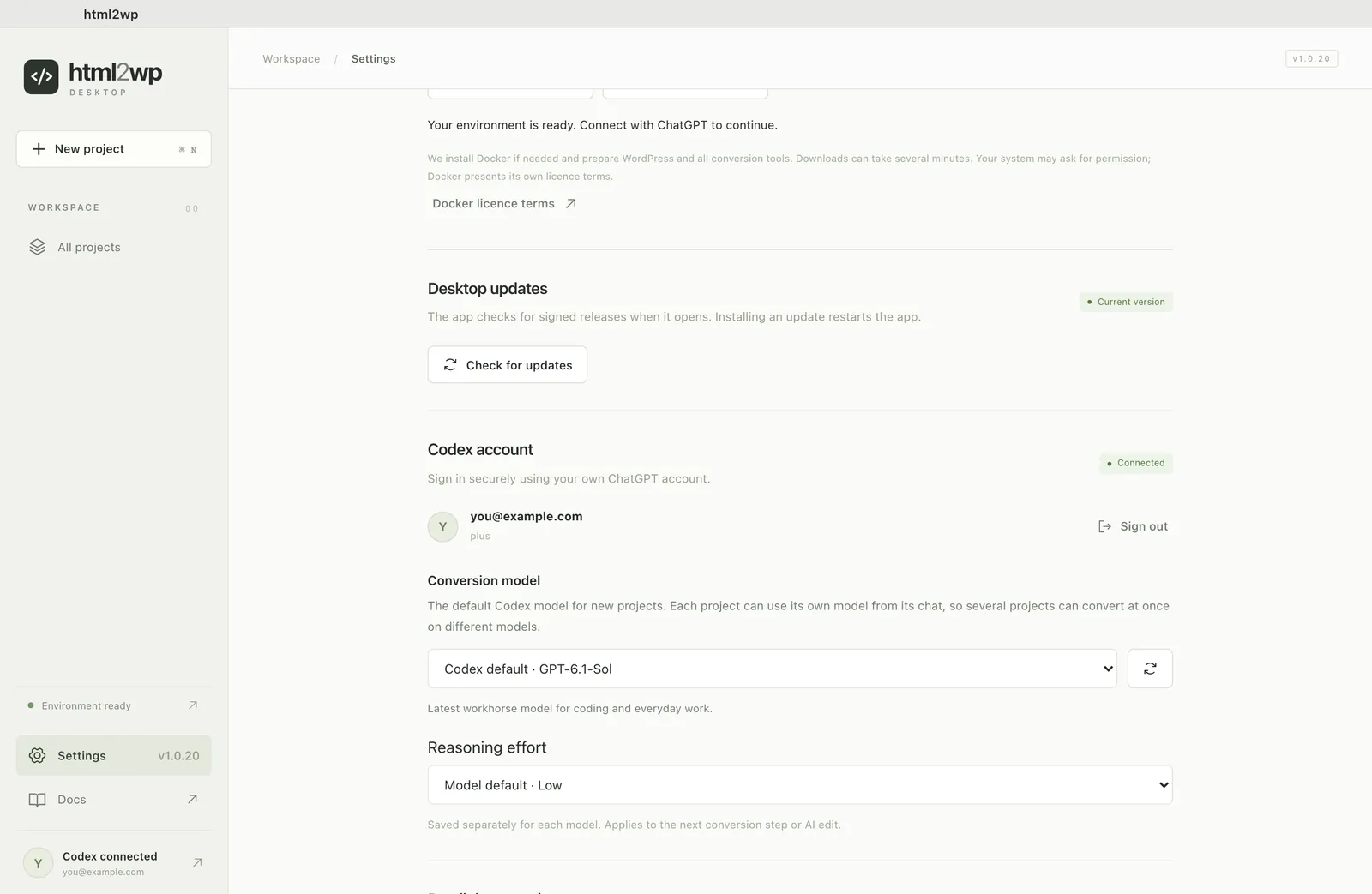 html2wp app signed in to a ChatGPT account, with the model and reasoning effort settings