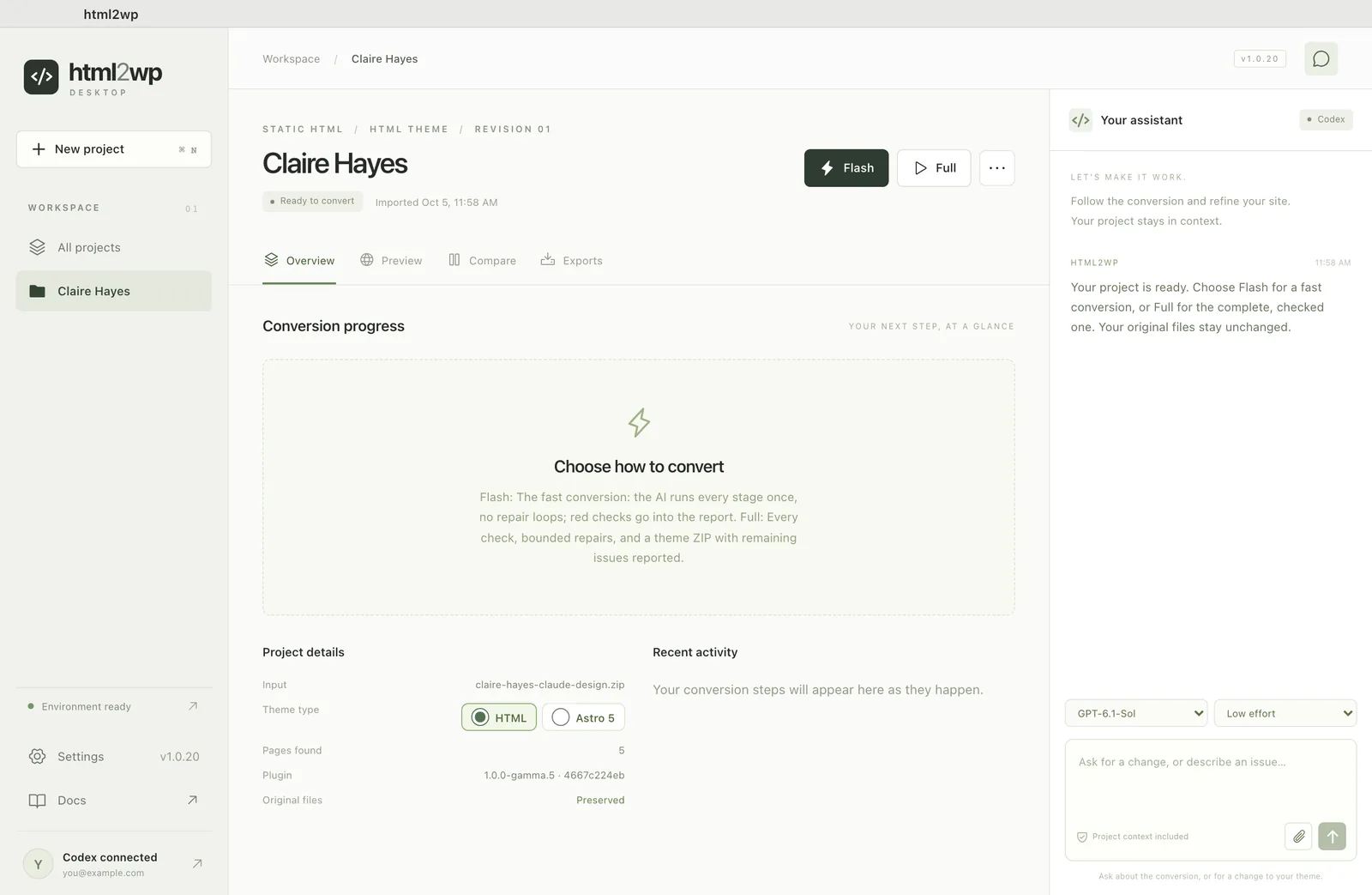 Claude Design export in the html2wp app before starting Flash or Full