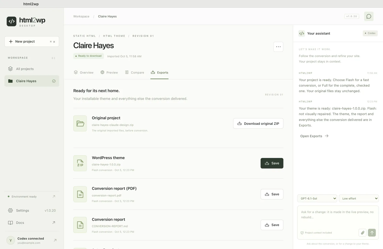 Exports tab in html2wp with the theme ZIP built from the Claude Design export