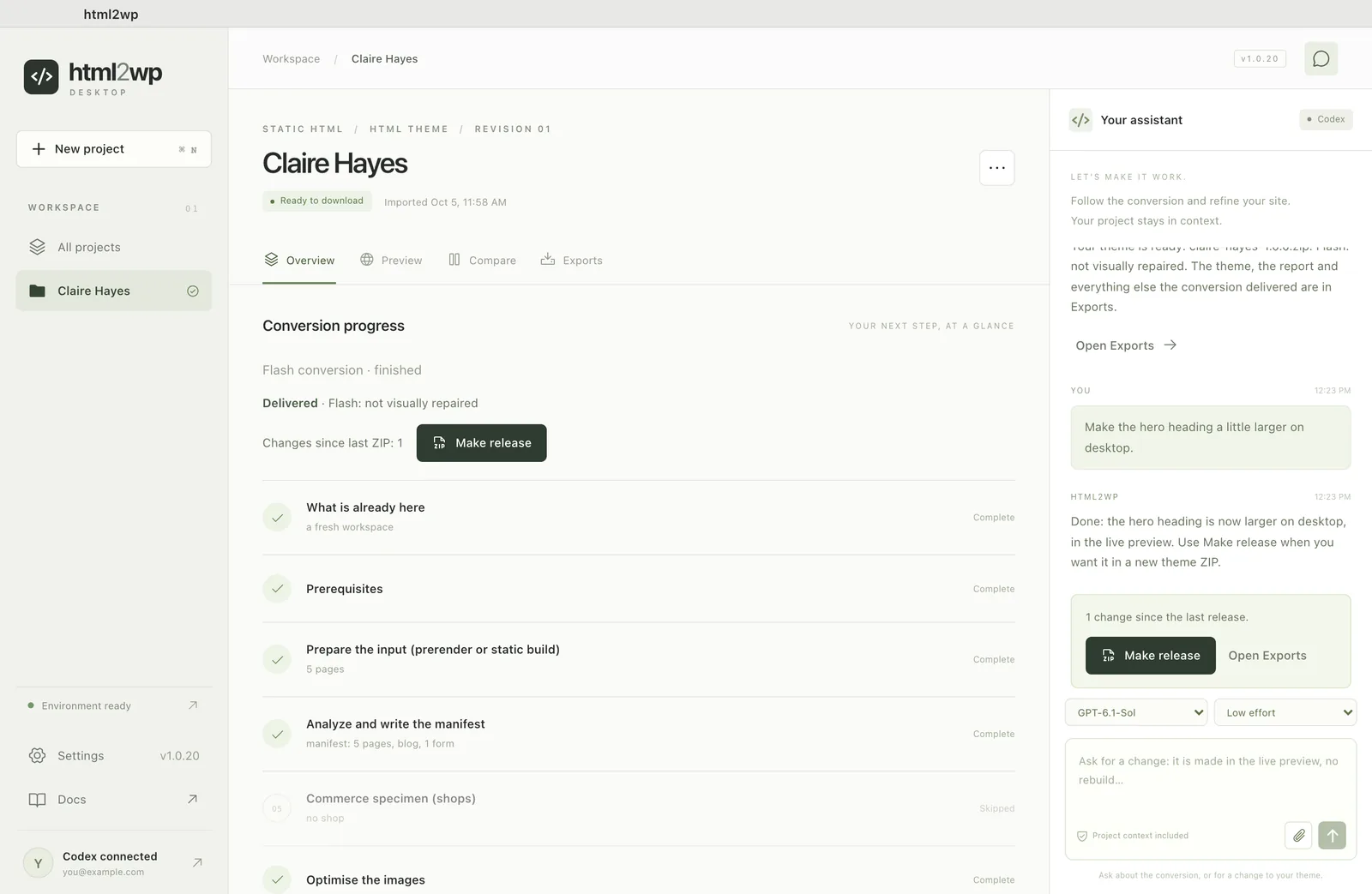 html2wp app after an edit through the chat, with the Make release button