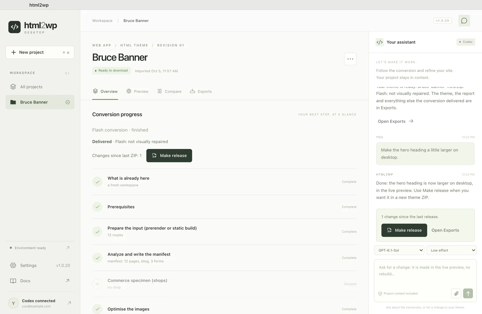 html2wp app after a change made through the chat, with the Make release button