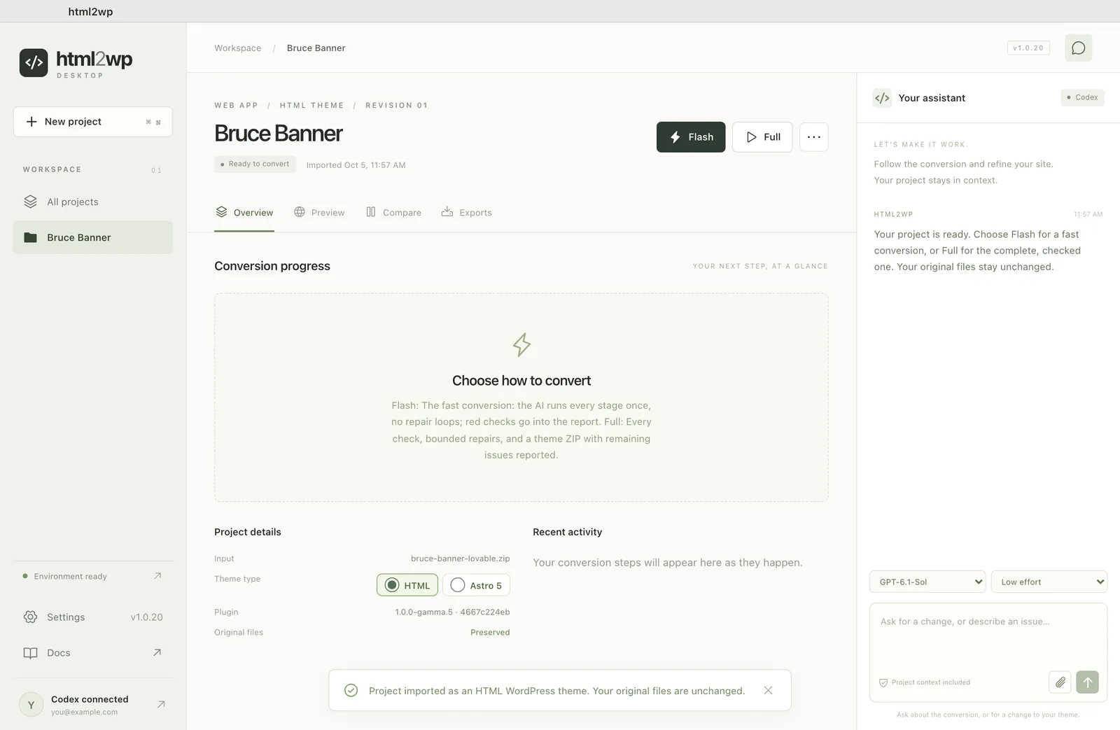 Lovable project imported into the html2wp app as an HTML WordPress theme
