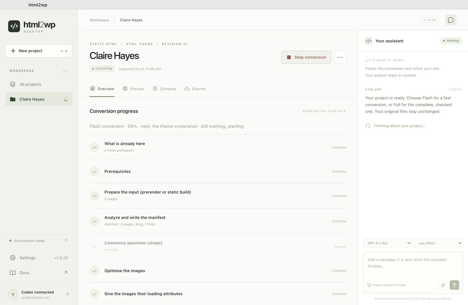 Running conversion of a Claude Design project in the html2wp app
