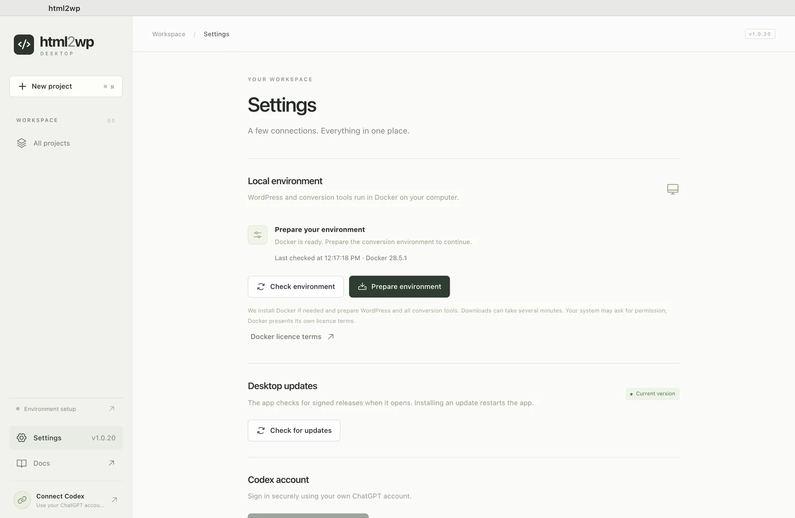 html2wp app: Settings with the Prepare environment button before the first conversion