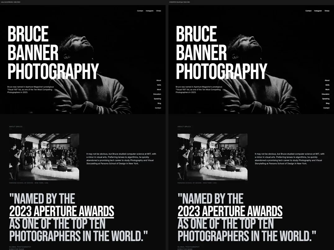 One of the composites the review reads: bruce.html2wp.dev, the original page on the left and the converted WordPress page on the right, captioned with both pixel heights
