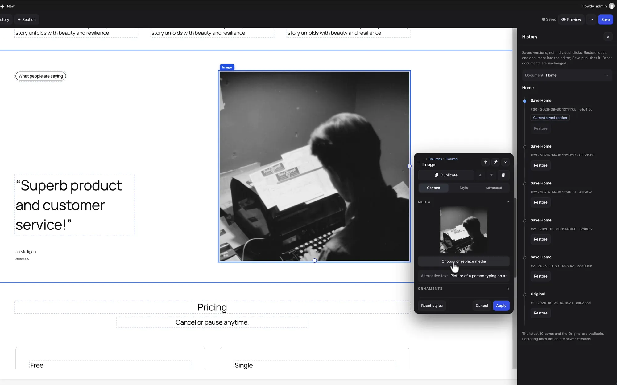A selected photo with the image panel open, and beside it the history listing each save of the page with a Restore button