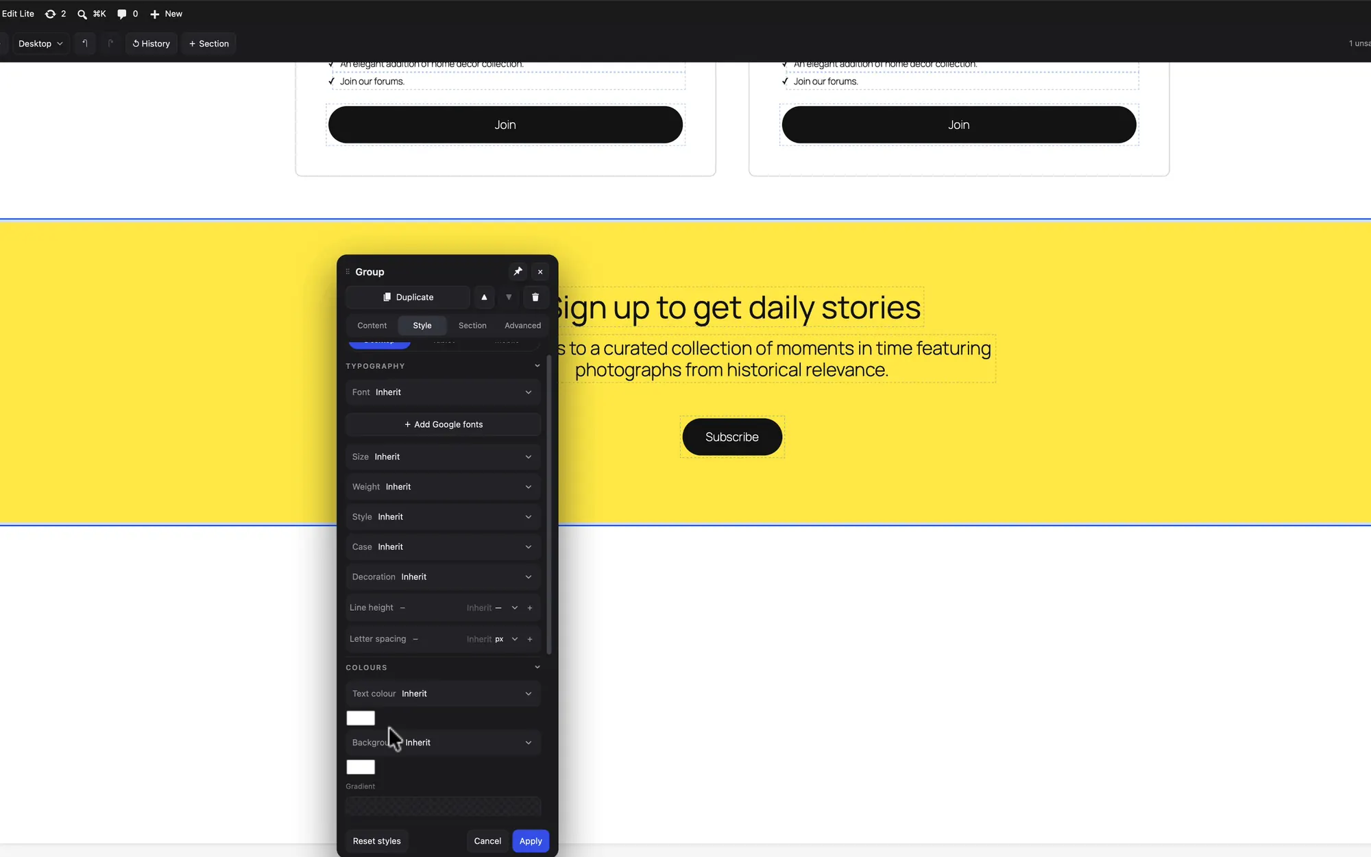 A duplicated sign-up section with a yellow background, and the group panel open on fonts and colours