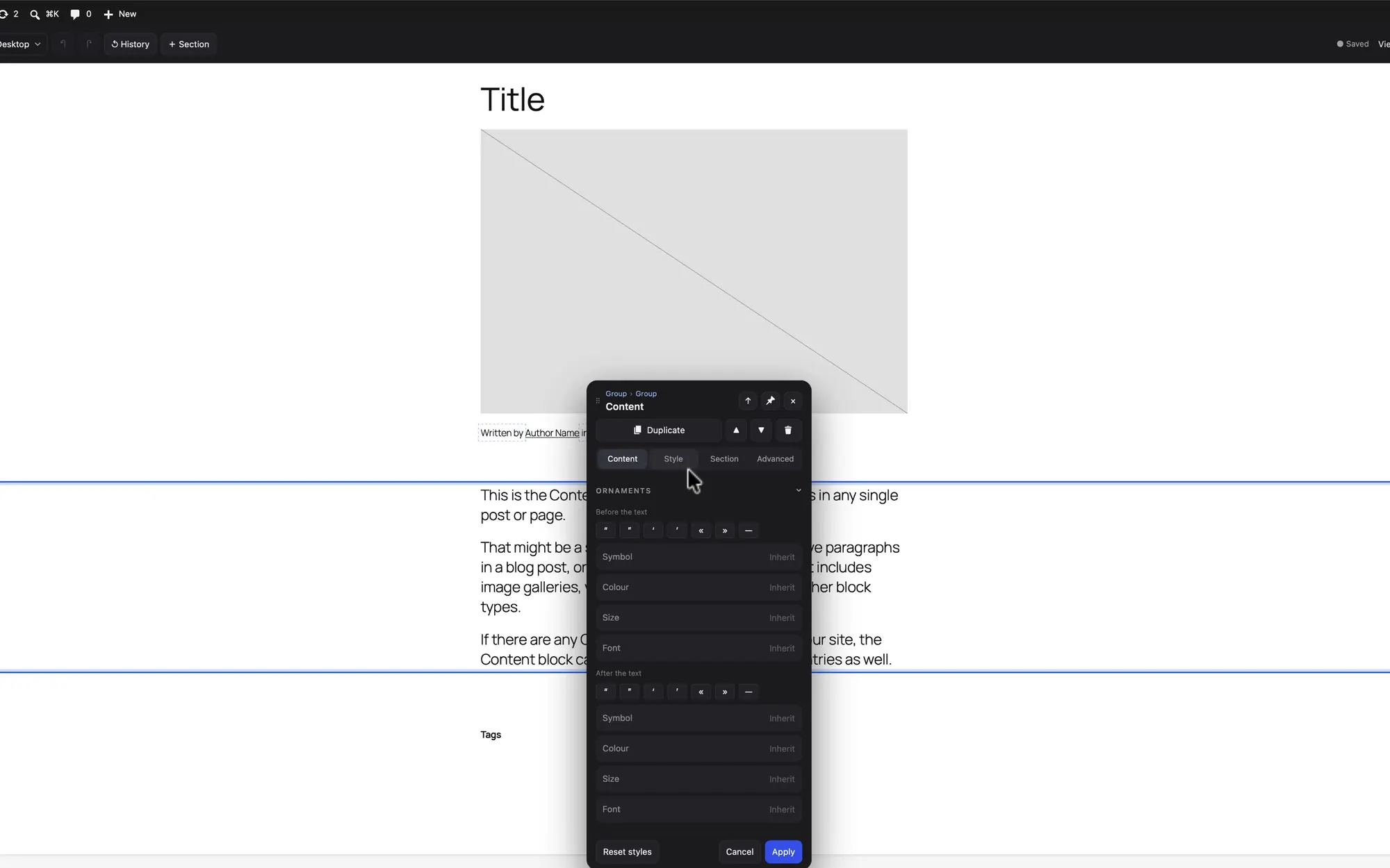 The Single Posts template open in the WordPress editor, with the panel on the post content block